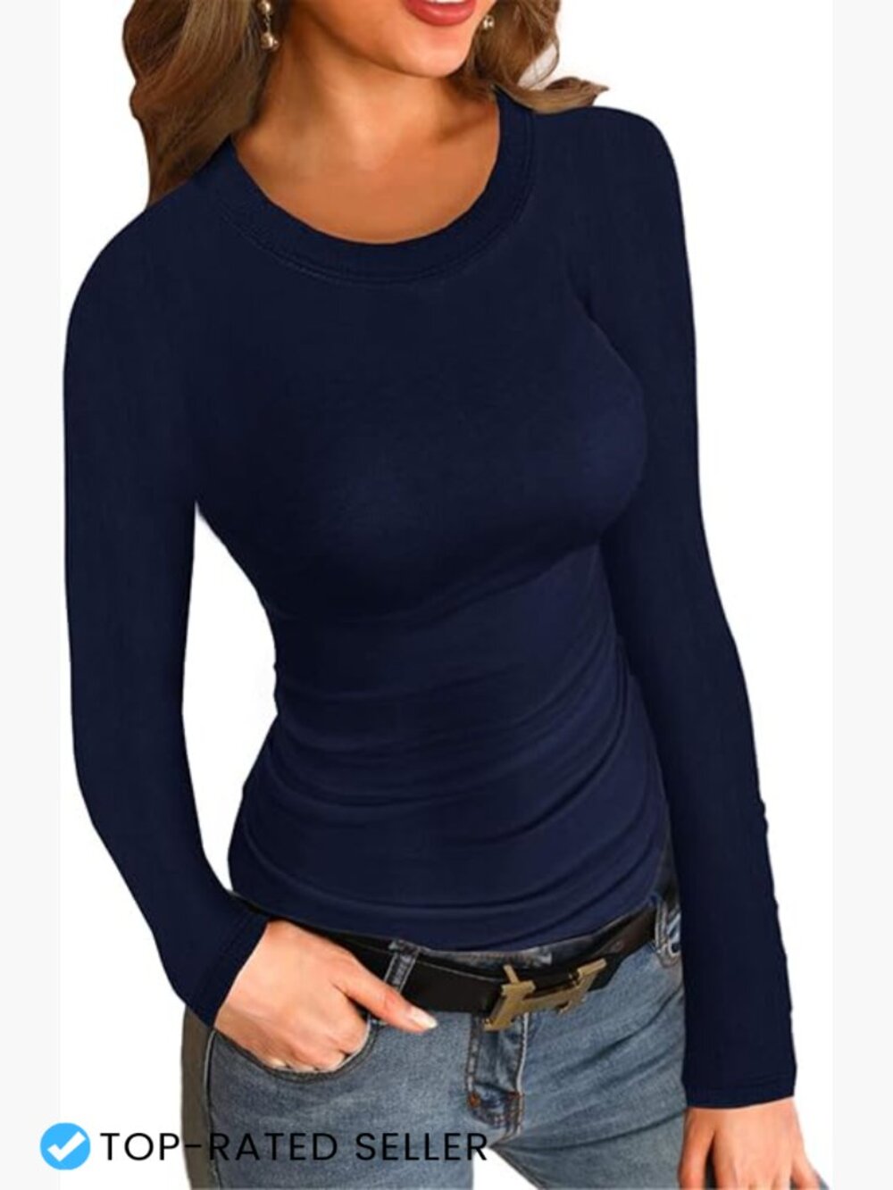 Ribbed Long Sleeve Fitted T-Shirt Slim Fit Basic Tee Stretchy Going Out Top